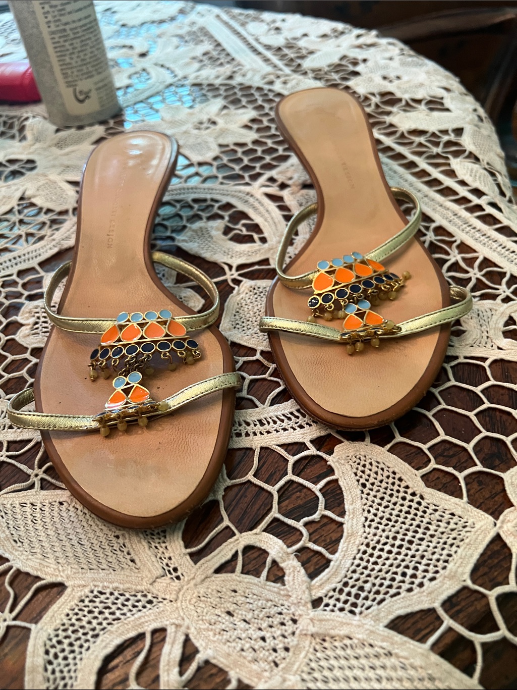 Giuseppe Zanotti Gold Slide Sandals With Orange & Blue Accents